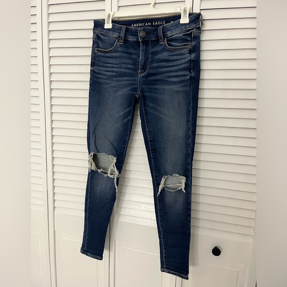 American Eagle Dark Wash Next Level Stretch Destroyed Knees Skinny Jeans
